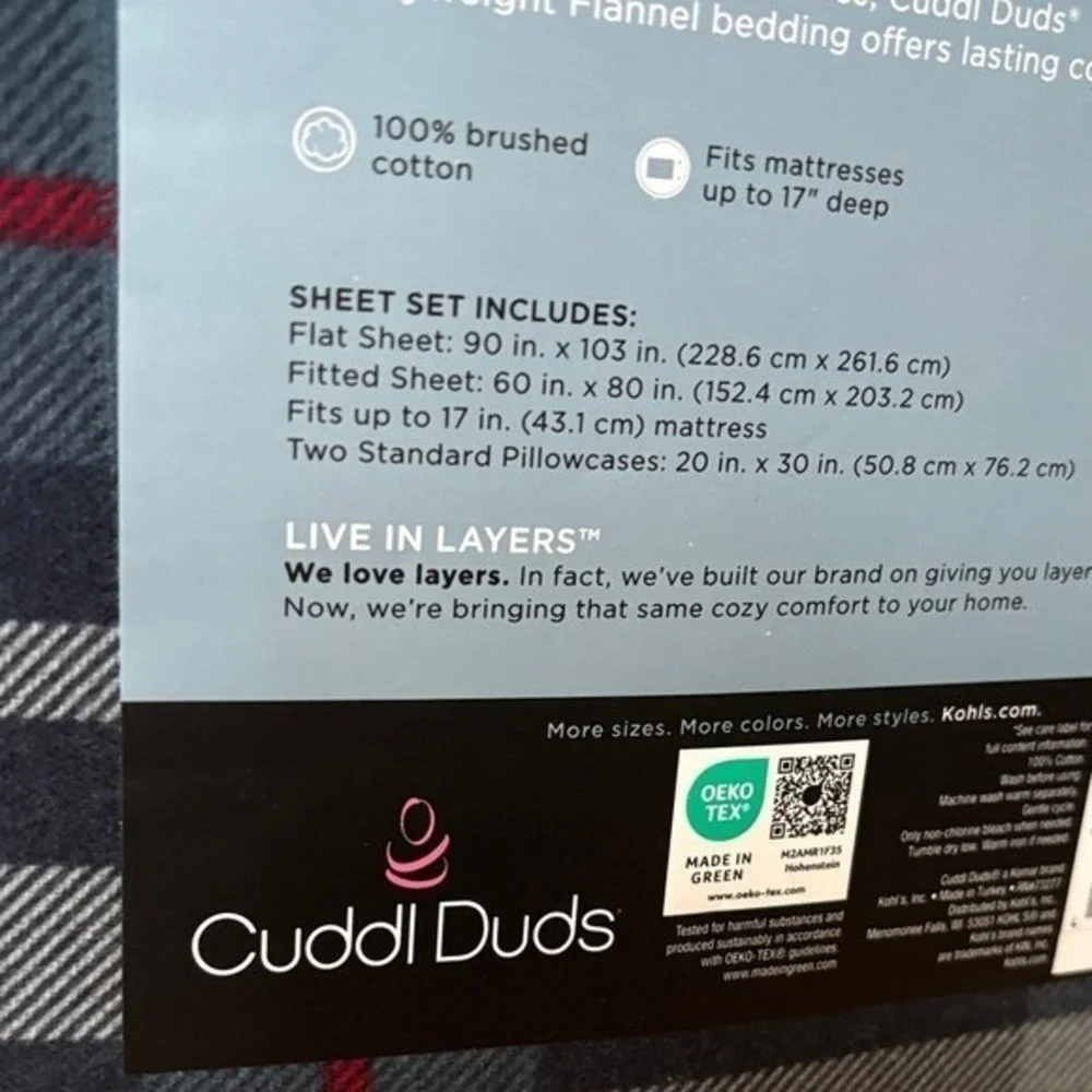 Cuddl Duds Blue & Red Plaid Heavyweight Flannel Queen Sheet Set Winter Fall NWT